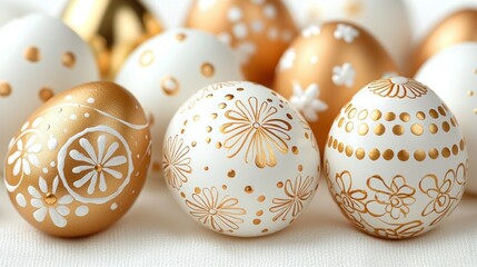 Obraz premium Decorated eggs with gold and white floral patterns, festive for holidays