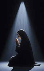 A Catholic nun in deep prayer, with a single ray of light illuminating her peaceful face