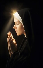 A Catholic nun in deep prayer, with a single ray of light illuminating her peaceful face