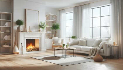 Fototapeta premium A modern living room showcasing white furniture and a fireplace, enhancing the space's warmth and elegance