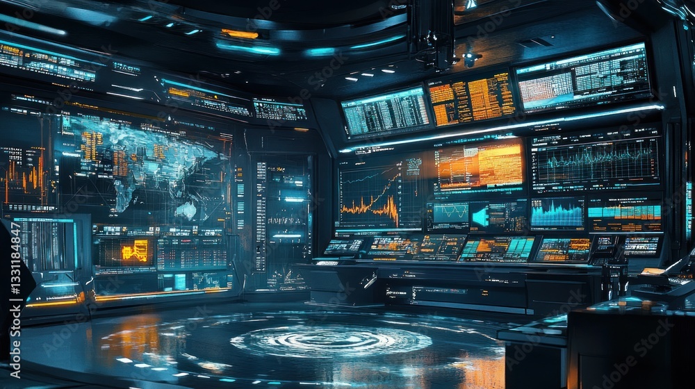 Poster futuristic control room with holographic displays showing global data, graphs, and maps.