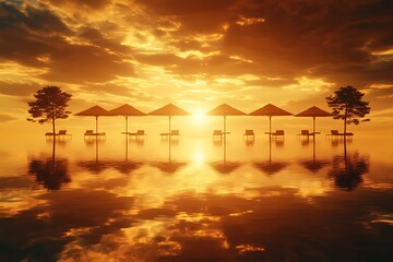 Sunset beach umbrellas tranquil reflection
