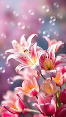 Fototapeta premium Delicate lilys float in air as flower bubbles burst with colorful blossoms, tulips, flowers, colorful blooms