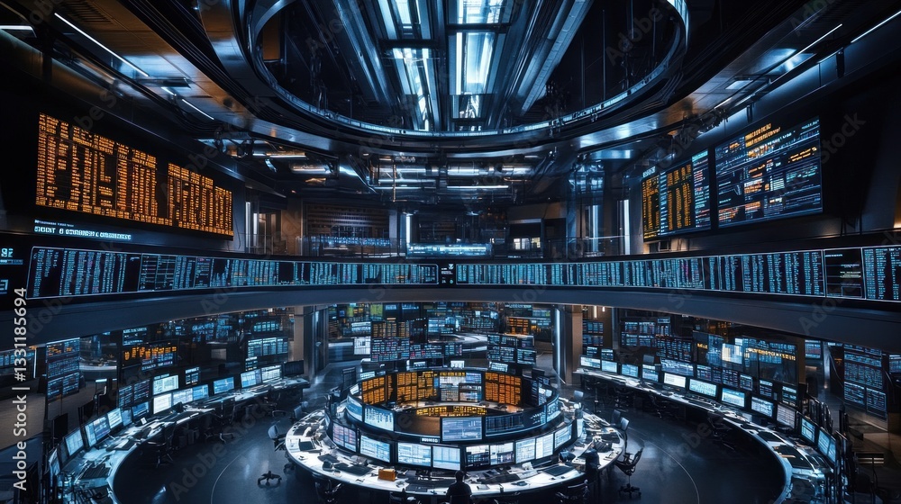 Fototapete futuristic control room with numerous monitors displaying data.
