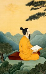 A Confucian scholar in a tranquil Chinese garden, contemplating the wisdom of ancient texts