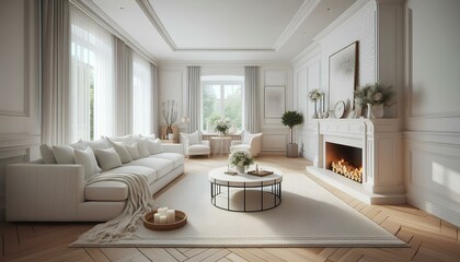 A cozy living room featuring white furniture and a warm fireplace, creating a welcoming atmosphere