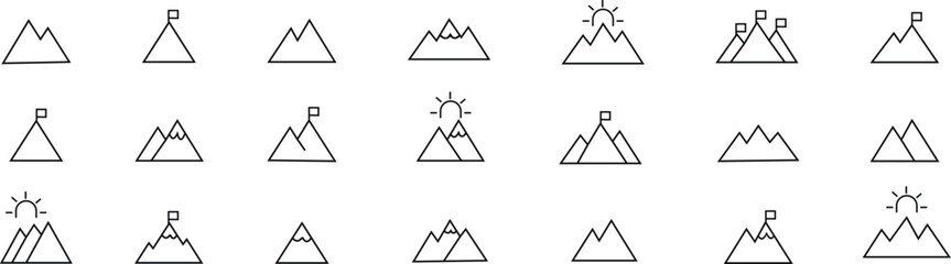Mountain icon set . mountains of various shapes, Hills vector graphic design elements, Rocky peaks. Mountains ranges. template with luxury concept, icons, emblem, isolated on transparent background, © Rabia
