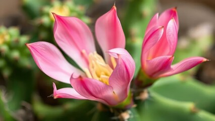 Naklejka premium Delicate pink petals unfurl on a small cactus blossom, greenery, botanical