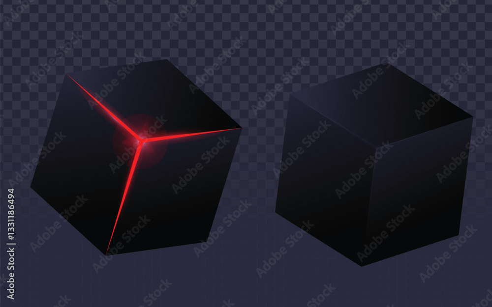 Poster two black cubes vector, one with glowing red lines on its edges. realistic 3d rendering with subtle 