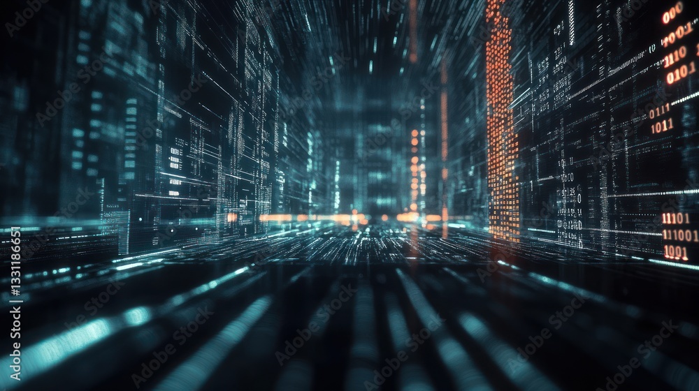 Aufkleber futuristic digital city with glowing lines and code.