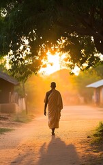 A Jain monk walking barefoot through a dusty village, exuding humility and serenity