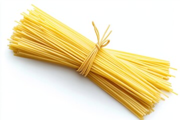 A bundle of dried spaghetti tied with twine, isolated. Perfect for illustrating pasta recipes, Italian cuisine, or food blogs.