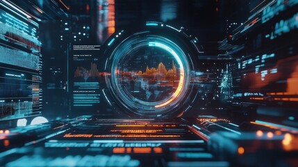 Obraz premium Futuristic digital interface with global data visualization and holographic display.