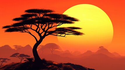 African Savanna Sunset Silhouette of a Tree Against Vibrant Orange Sky and Yellow Sun