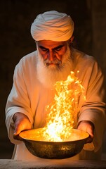 A Zoroastrian priest tending the eternal flame in an ancient temple, the fire is glow reflecting in his eyes