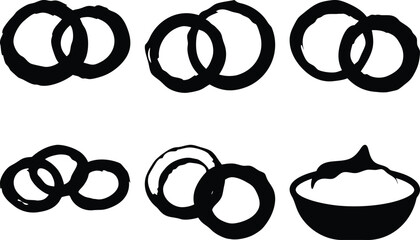 Black and White Illustration of Onion Rings and Dipping Sauce, Hand-Drawn Style, Food Clipart, Restaurant Menu Graphic, Fast Food Icon