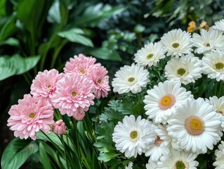 Fototapeta premium Beautiful arrangement of pink and white daisies with lush green foliage in a vibrant garden setting, showcasing nature's colorful interlude and fresh blooms