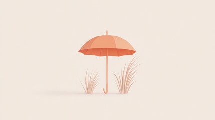 Coral Umbrella Beside Grass on Pastel Background