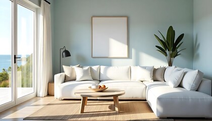 A bright and airy living room interior with a coastal view