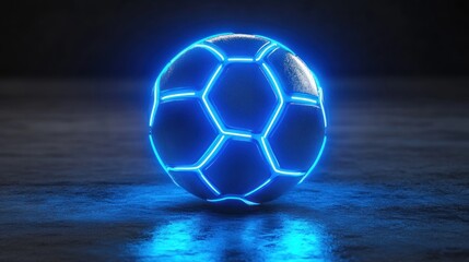 Fototapeta premium Futuristic glowing blue soccer ball on dark reflective surface.