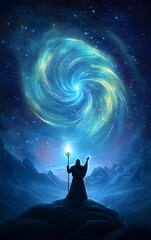 A Viking seeress with a staff, chanting under the northern lights in a mystical landscape