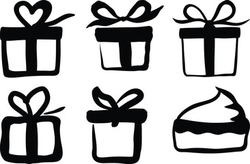Black and White Gift Box Icons: Hand-Drawn Present Silhouettes, Birthday, Holiday, Celebration, Vector Illustration, Graphic Design Elements