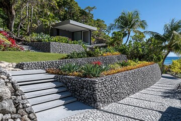 Modern Landscape Design with Stone Walls and Tropical Plants