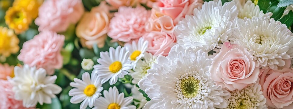 Beautiful Arrangement of Pink and White Flowers with Greenery in Soft Focus for Background Decoration and Floral Design Inspiration