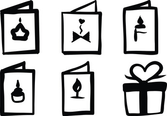 Hand-Drawn Birthday Cards & Gift Vector Illustration: Cute Celebration Greetings, Party Invitations, Black & White Doodle Style Clipart
