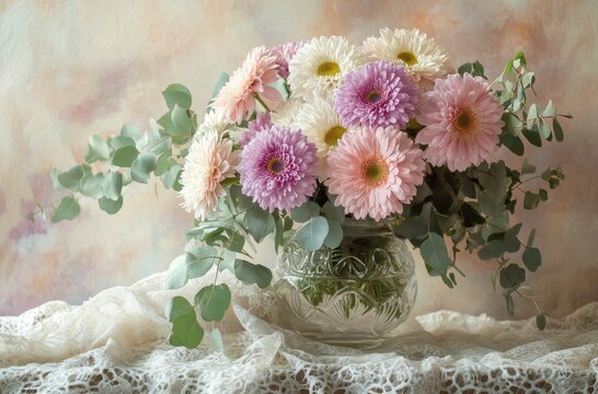 Beautiful Arrangement of Pink and White Gerbera Daisies with Eucalyptus Leaves in a Clear Glass Vase Against a Soft Pastel Background