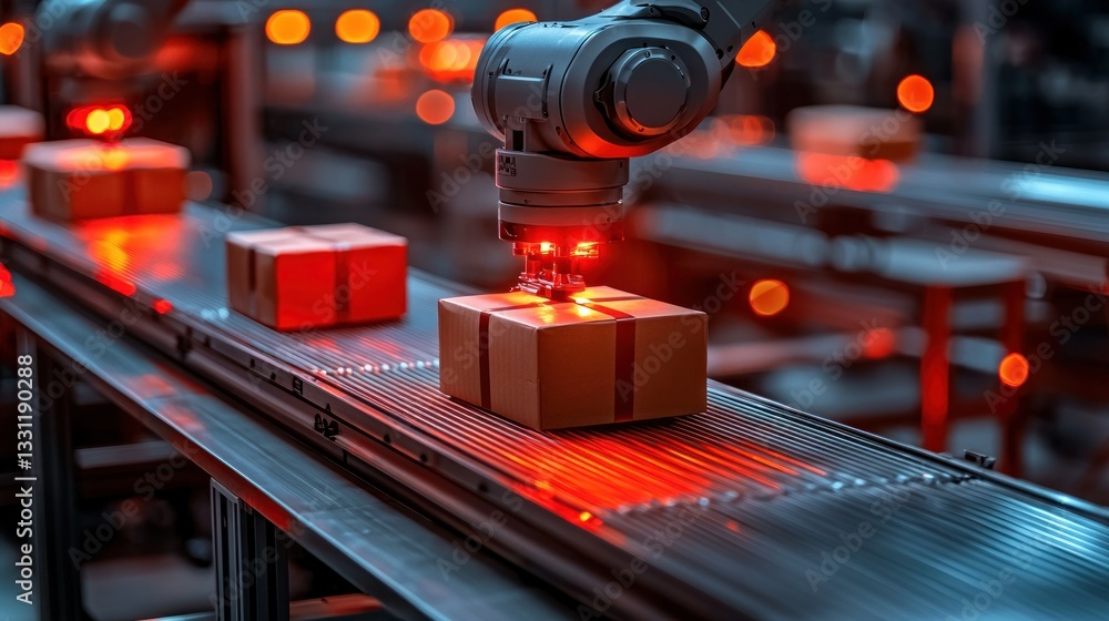 Poster factory automation with robot arm picking up a package on a conveyor belt