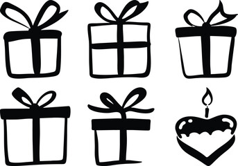 Black and White Gift Box Clipart Set: Hand-Drawn Presents & Birthday Cake Vector Illustration for Graphic Design and Celebrations