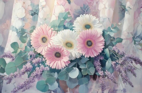 Beautiful arrangement of pink and white gerbera daisies with greenery and lavender on soft pastel fabric background enhancing the floral composition