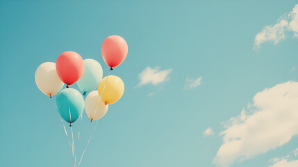 an array of colorful ballons against a bright sky blue background ai
