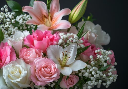 Beautiful Arrangement of Pink and White Roses with Delicate Lilies and Baby's Breath in Artistic Floral Composition on Dark Background