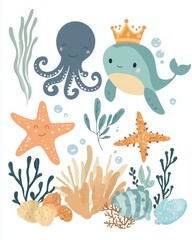 Watercolor Ocean Wildlife Conservation Art,Summer Beach Marine Animals Illustration,Happy Sea Creatures Minimalist Icon Set,