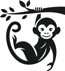 Monkey hanging from a tree branch with a big smile vector silhouette
