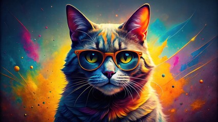 A Stylish Feline in Vibrant Cosmic Hues, Sporting Trendy Sunglasses Against a Background of Energetic Color Splashes