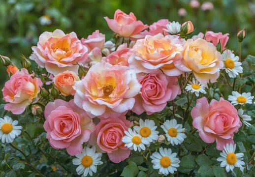 Beautiful arrangement of pink and yellow roses surrounded by cheerful daisies in a lush garden setting during springtime bloom