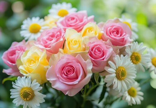 Beautiful arrangement of pink and yellow roses surrounded by white daisies with a soft green background, perfect for spring and floral themes