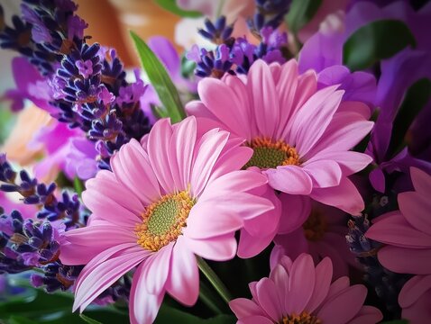 Beautiful arrangement of pink daisies and lavender flowers in a soft focus, showcasing nature's vibrant colors and delicate textures for floral enthusiasts