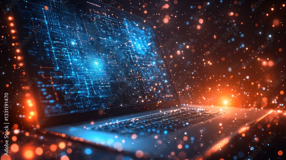 Poster Futuristic laptop displaying digital data streams and particles.