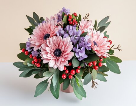 Beautiful arrangement of pink daisies and purple flowers with green leaves in a soft pastel background showcasing nature's elegance and charm