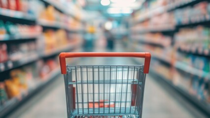 Supermarket blured aisle with empty red shopping cart.
