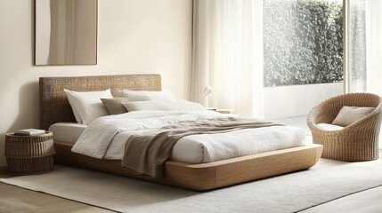 Bedroom with woven headboard and chair