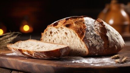 fresh bread on a wooden board with a piece cut off