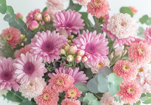 Beautiful arrangement of pink flowers including daisies, asters, and eucalyptus leaves on a light background, perfect for nature and floral themes in photography.
