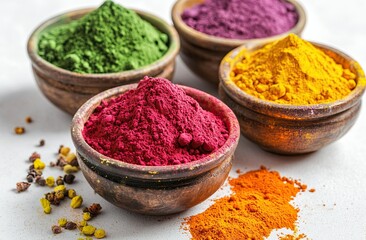 4 wooden bowls filled with vibrant colored spice powders in green, purple, red, and orange on white background