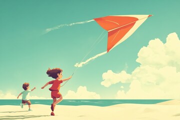 father and son playing with kite