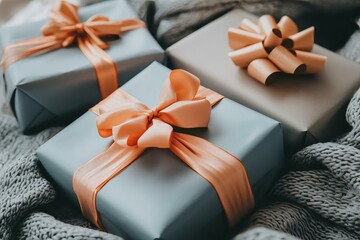 Soft and Cozy Holiday Gifts Wrapped in Elegant Ribbon on Knit Blanket